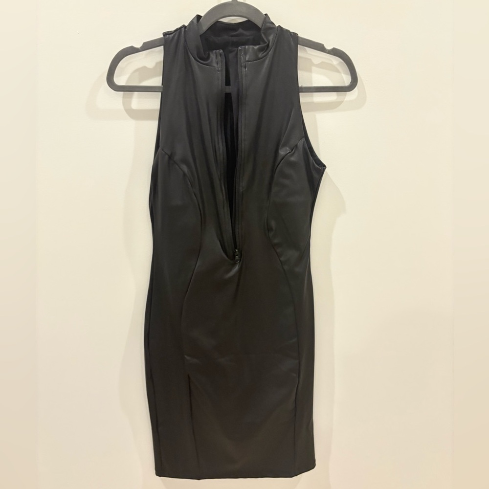 Faux Leather Zip Front Midi Dress